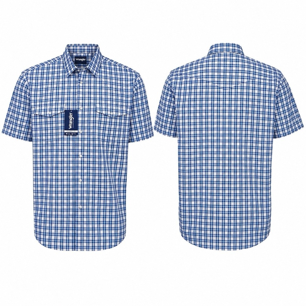 Wrangler Western Shirt Mens L Blue Plaid Pearl Snap Short Sleeve 112344409 NWT